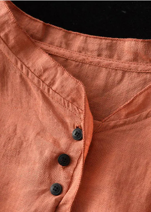 Orange V Neck Button Cotton Shirt Half Sleeve