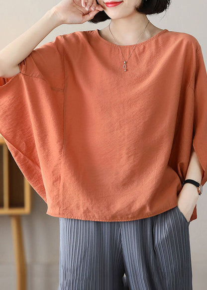 Orange Linen Loose Tank Top O-neck Batwing Sleeve