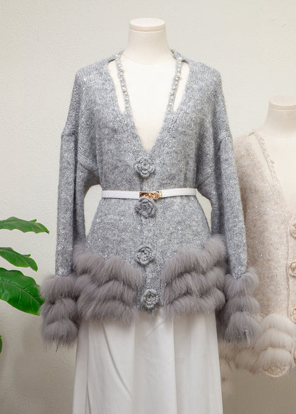 Grey V Neck Fox Fur Pearl Patchwork Knit Sweaters Winter