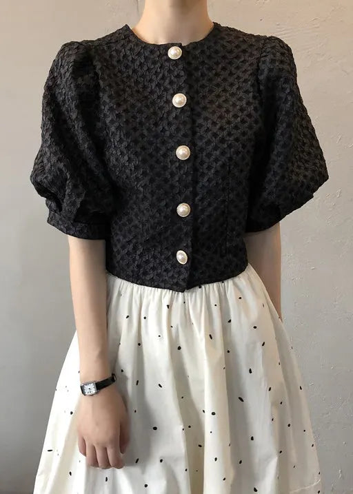 Black Button Wrinkled Cotton Blouseso Neck Puff Sleeve