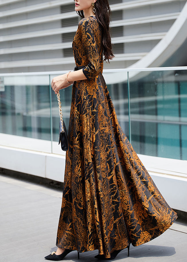 Orange Print Sashes Long Traveling Dress Spring