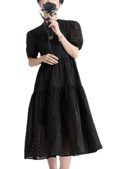 Italian Black Puff Sleeve Patchwork Summer Dress Short Sleeve