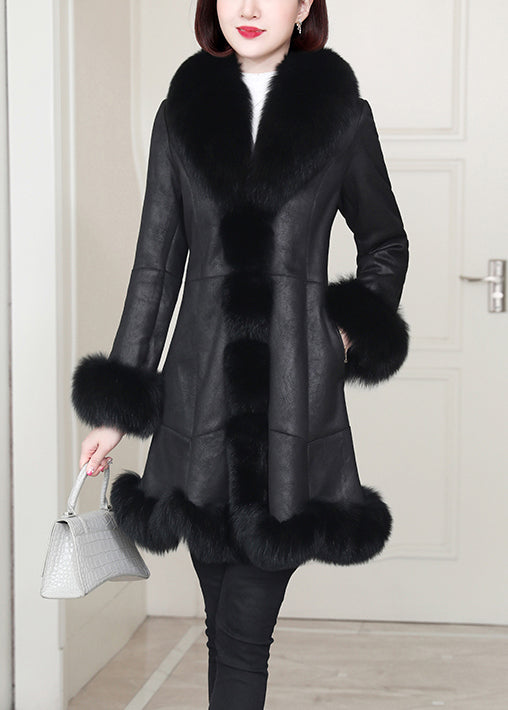 Top Quality Purple Rabbit Hair Collar Pockets Leather and Fur Coats Winter