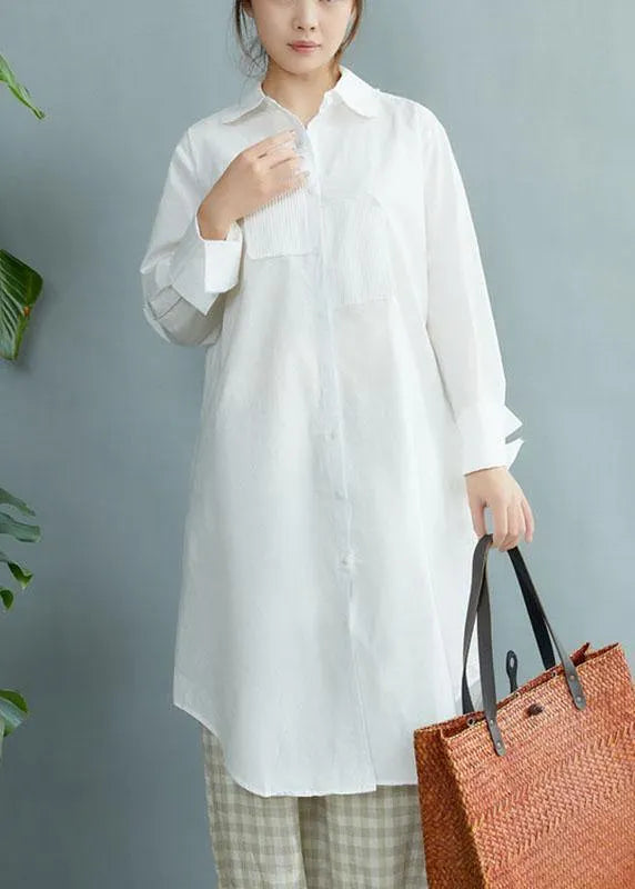 Style White Peterpan Collar Pockets Button Fall Asymmetrical Design Shirt Tops Long Sleeve