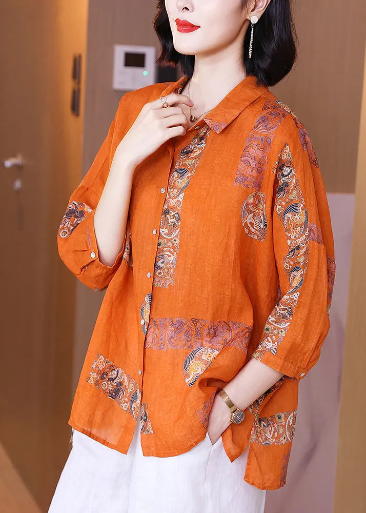 Classy Orange Peter Pan Collar Print Button Linen Shirts Long Sleeve
