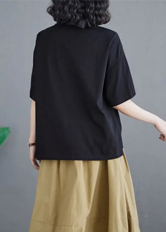Brief Black Patchwork Cotton T Shirts Summer