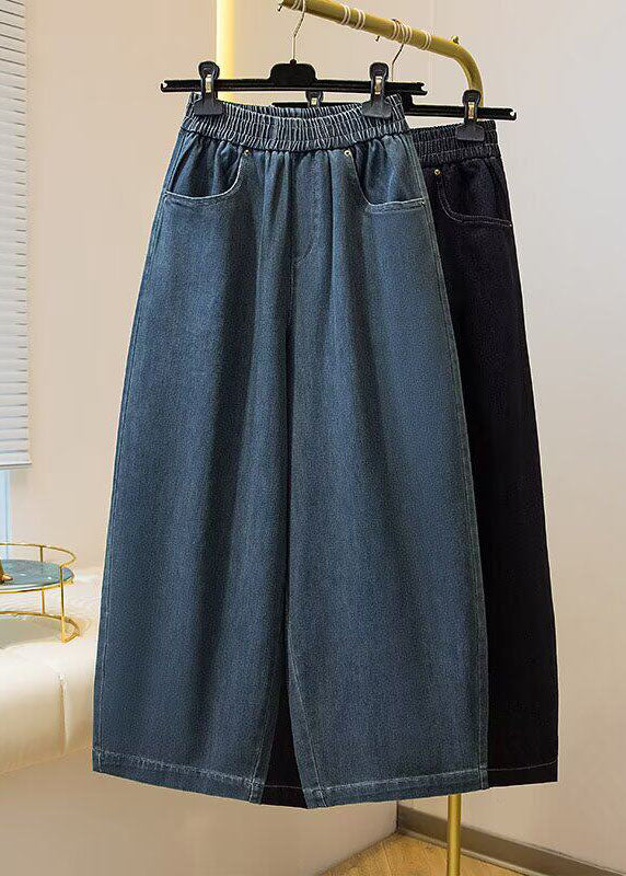 Simple Blue Pockets Elastic Waist Denim Crop Pants Spring