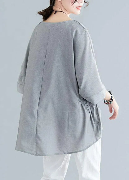Grey Cinched Cotton Blouse Tops Summer