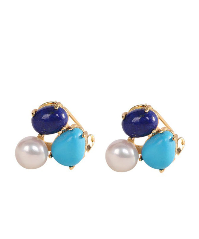 Colorblock Sterling Silver Overgild Turquoise Pearl Stud Earrings