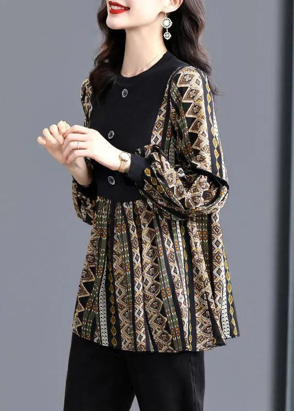 Black O-neck Patchwork Striped Print Shirt Tops Long Sleeve