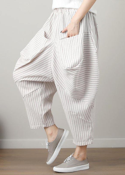 Natural Striped Drop-crotch Cotton Linen Pants Summer