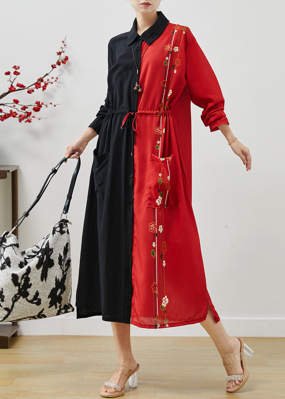 French Colorblock Cinched Patchwork Cotton Dress Spring