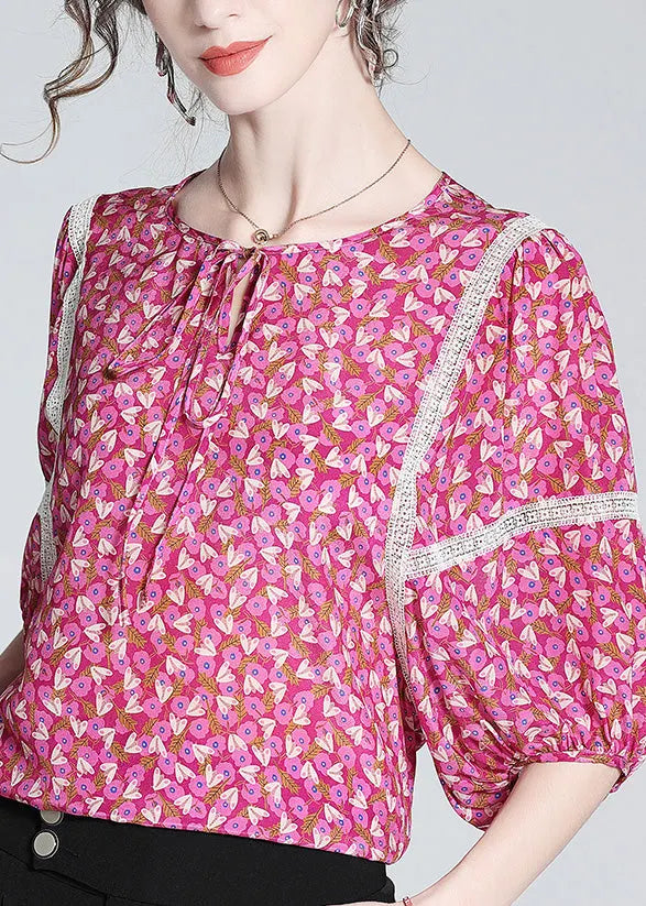 Rose O-neck Print Neck Tie Silk Tops Short Sleeve