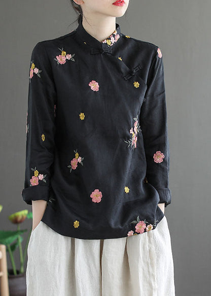 Black Stand Collar Embroideried Linen Shirt Long Sleeve