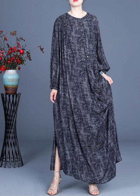 Art Black Print Asymmetrical Design Side Open Holiday Summer Spring Linen Dress