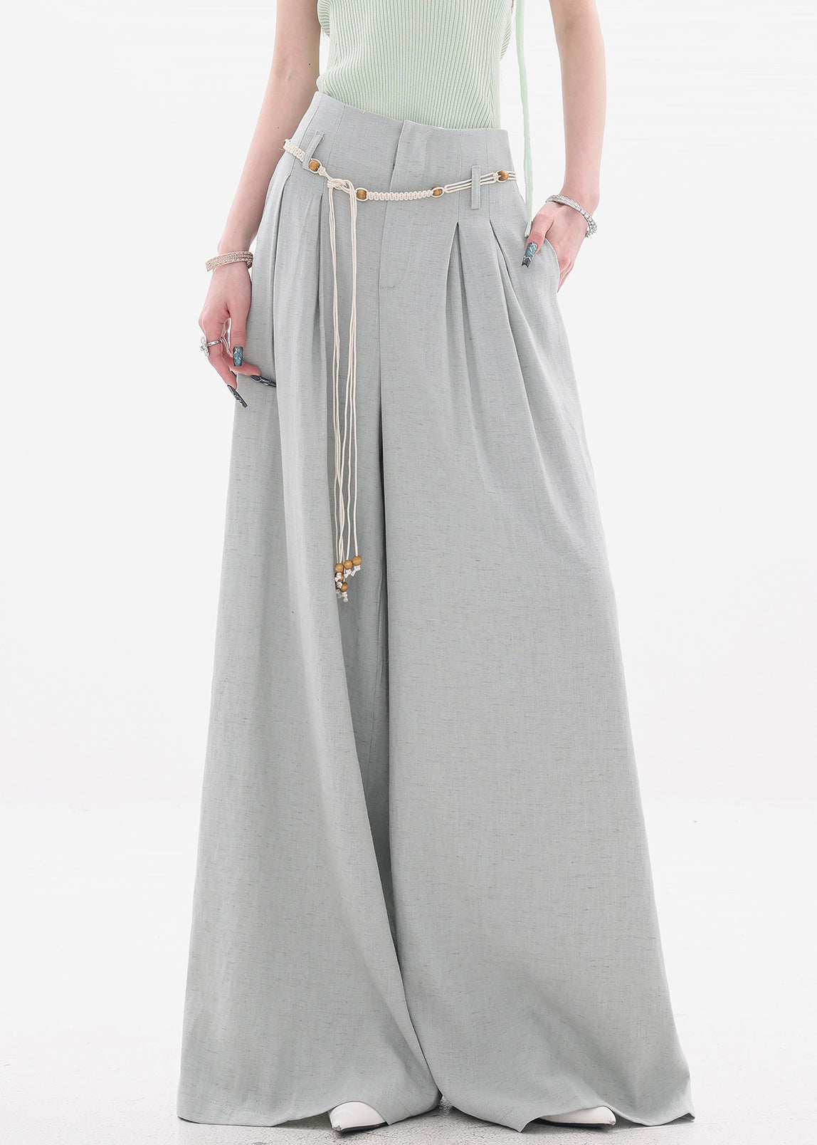 New Grey Zippered Cotton Wide Leg Pants High Waist Fall