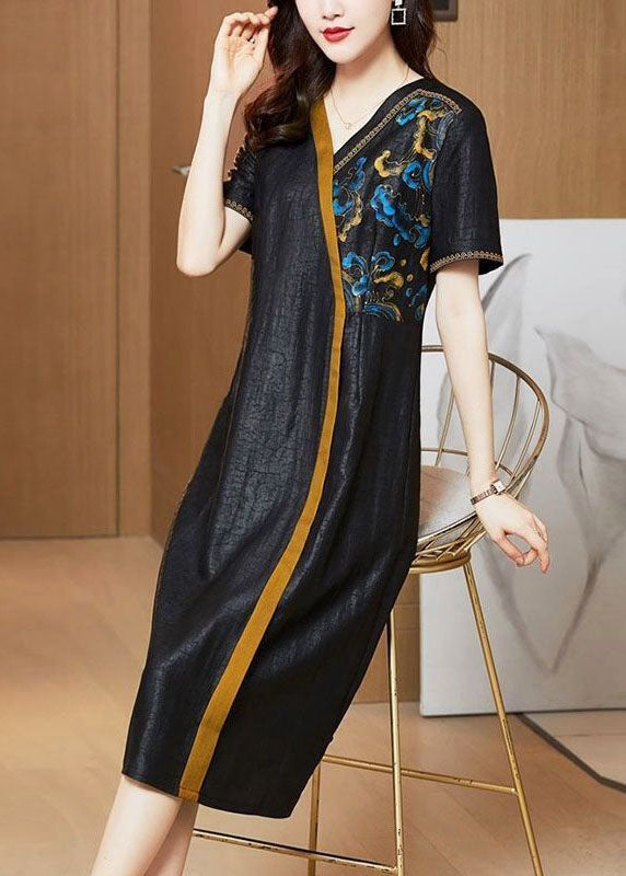 Black Embroideried Patchwork Silk Holiday Dress Summer