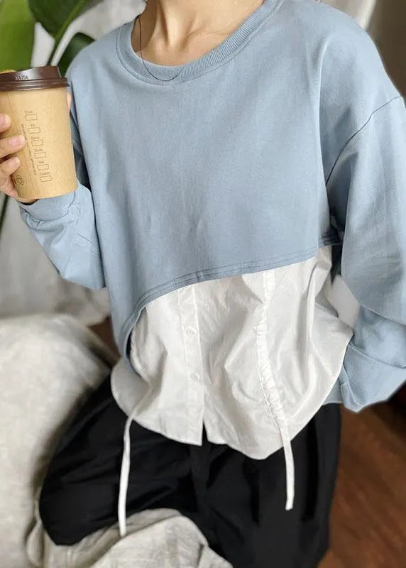 Blue O-neck Patchwork Asymmetrical Design Fall Sweatshirts Top