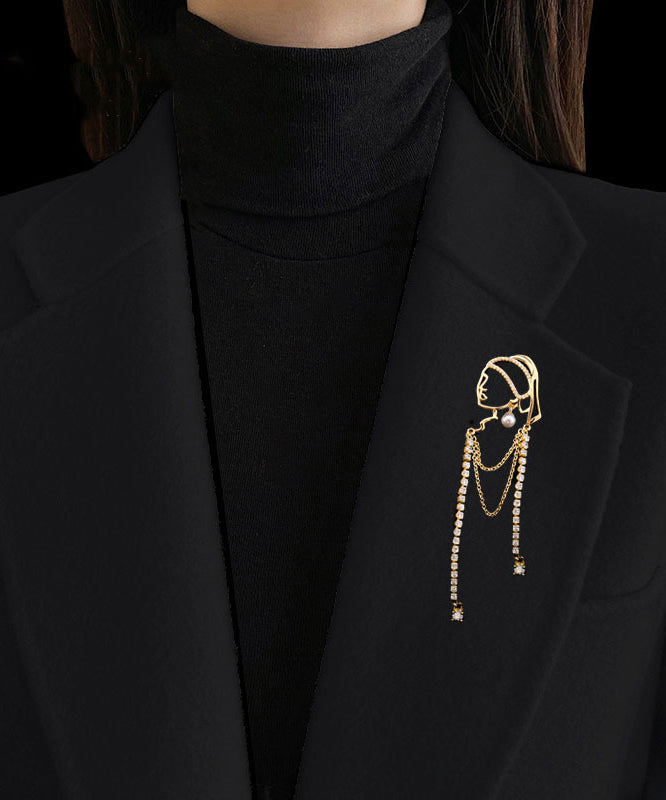Modern Gold Alloy Zircon Girl With a Pearl Earring Tassel Brooches