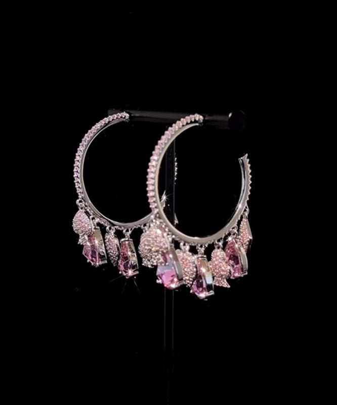 Pink Copper Overgild Zircon Tassel Hoop Earrings