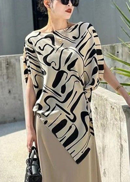 Beige Asymmetrical Print Cotton Blouse Tops Summer
