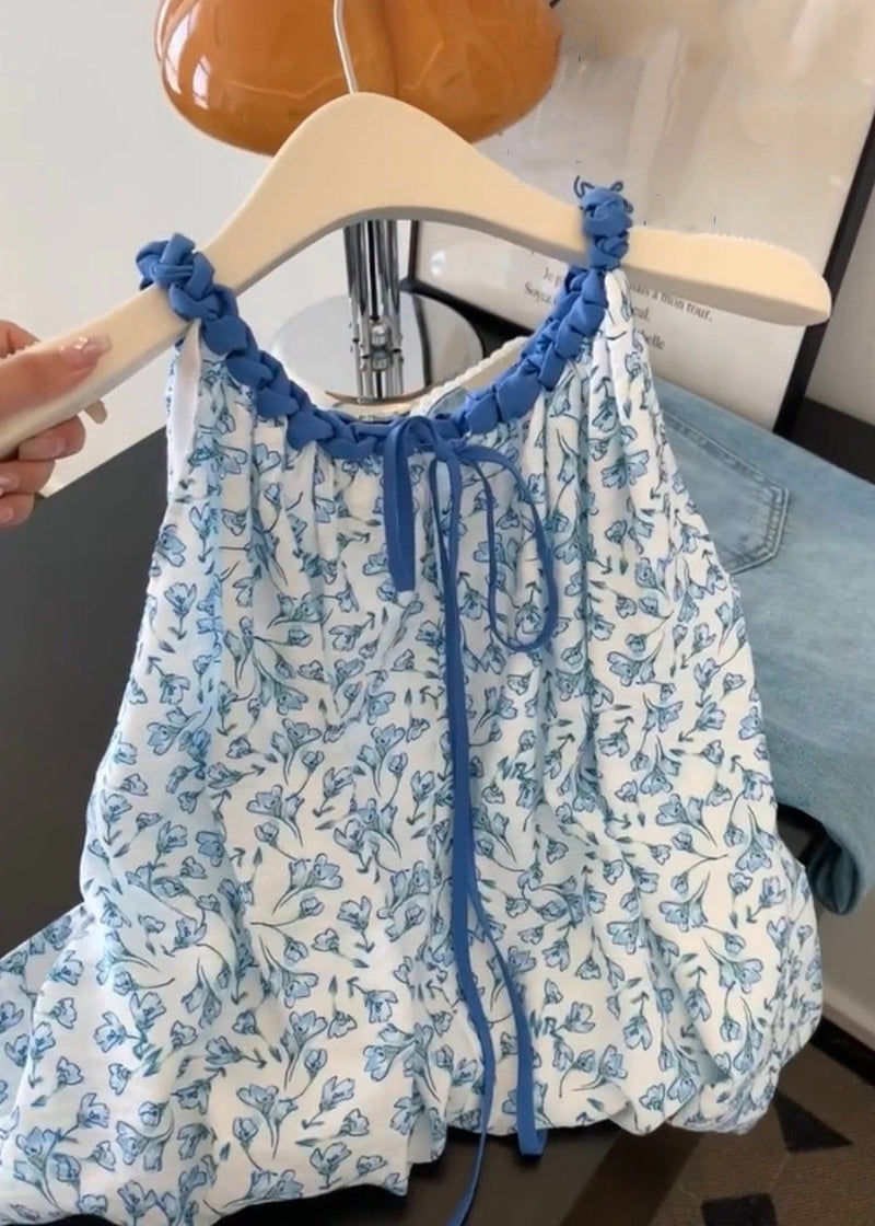 Blue Print Lace Up Cotton Tank Sleeveless