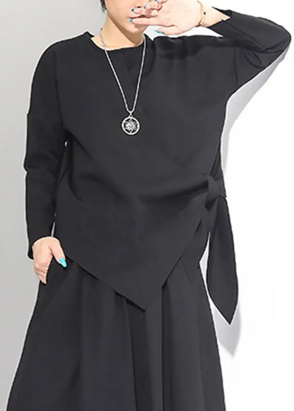 Black O-neck Asymmetrical Tie Waist Bow Top Long Sleeve
