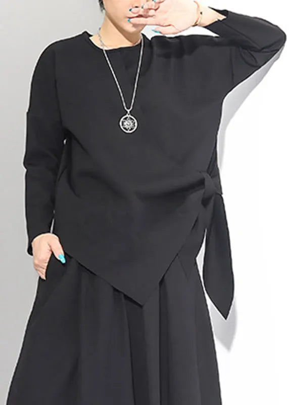 Black O-neck Asymmetrical Tie Waist Bow Top Long Sleeve