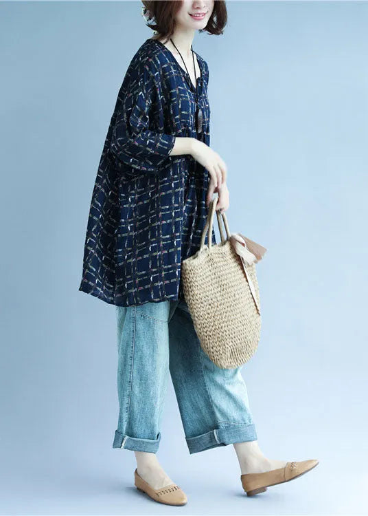 Navy V Neck Print Patchwork Fall Shirt Three Quarter Sleeve