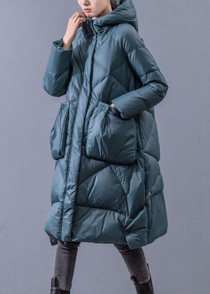 Blue-green Hooded Zippered Oversized Thick Duck Down Puffers Jackets Winter