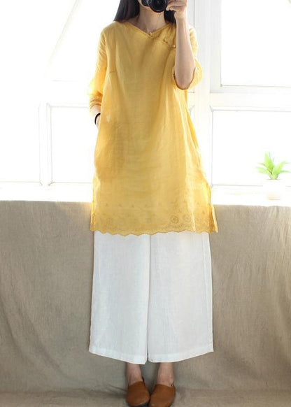 Classy V Neck Half Sleeve Blouses for Design Yellow Embroidery Top