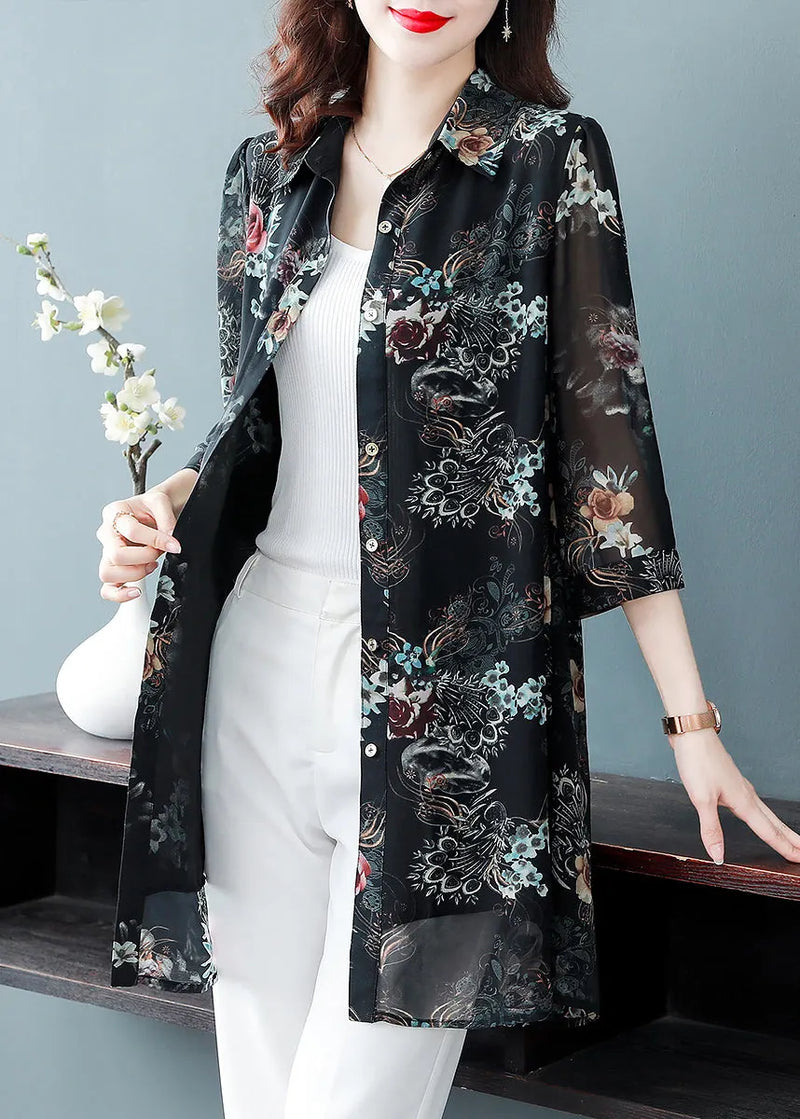Black Button Peter Pan Collar Print Long Chiffon Blouses Three Quarter Sleeve