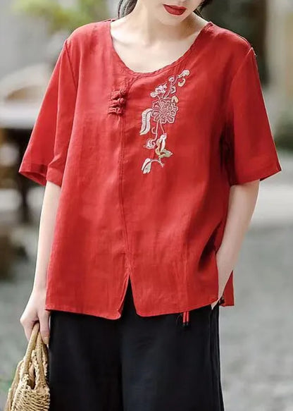 Rose O-neck Side Open Patchwork Cotton T Shirt Summer