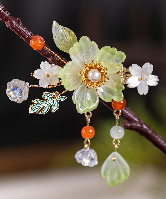Emerald Green Alloy Pearl Colored Glaze Tassel Hairpin