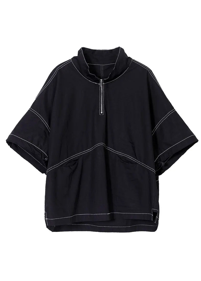 Black Zip Up Drawstring Cotton Sweatshirt Short Sleeve