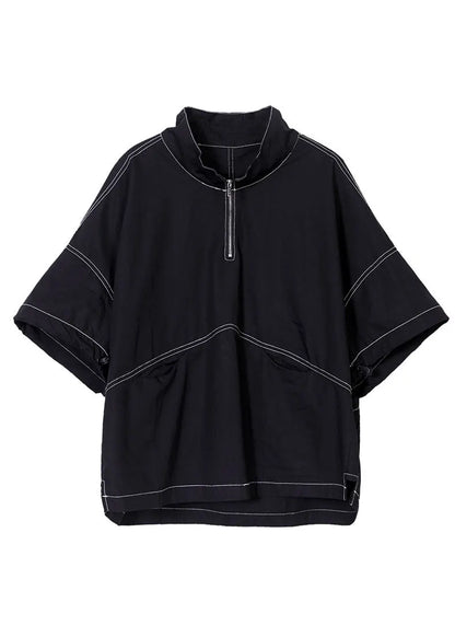 Black Zip Up Drawstring Cotton Sweatshirt Short Sleeve