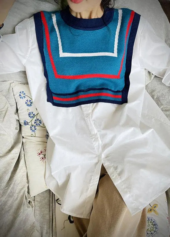 Style White Patchwork Knit Button Fall Tops Long Sleeve