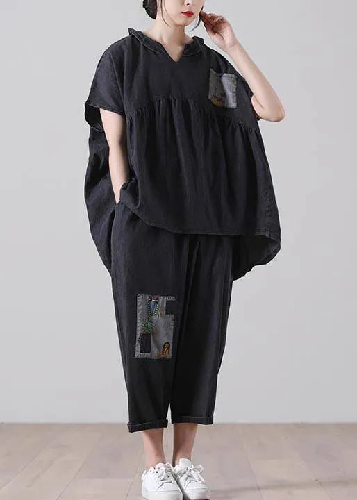 Black Patchwork Pockets Cotton Two Pieces Set Summer