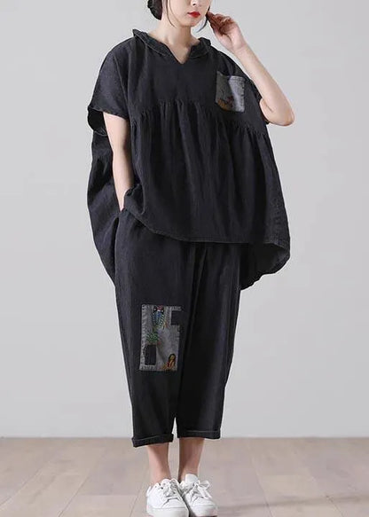 Black Patchwork Pockets Cotton Two Pieces Set Summer
