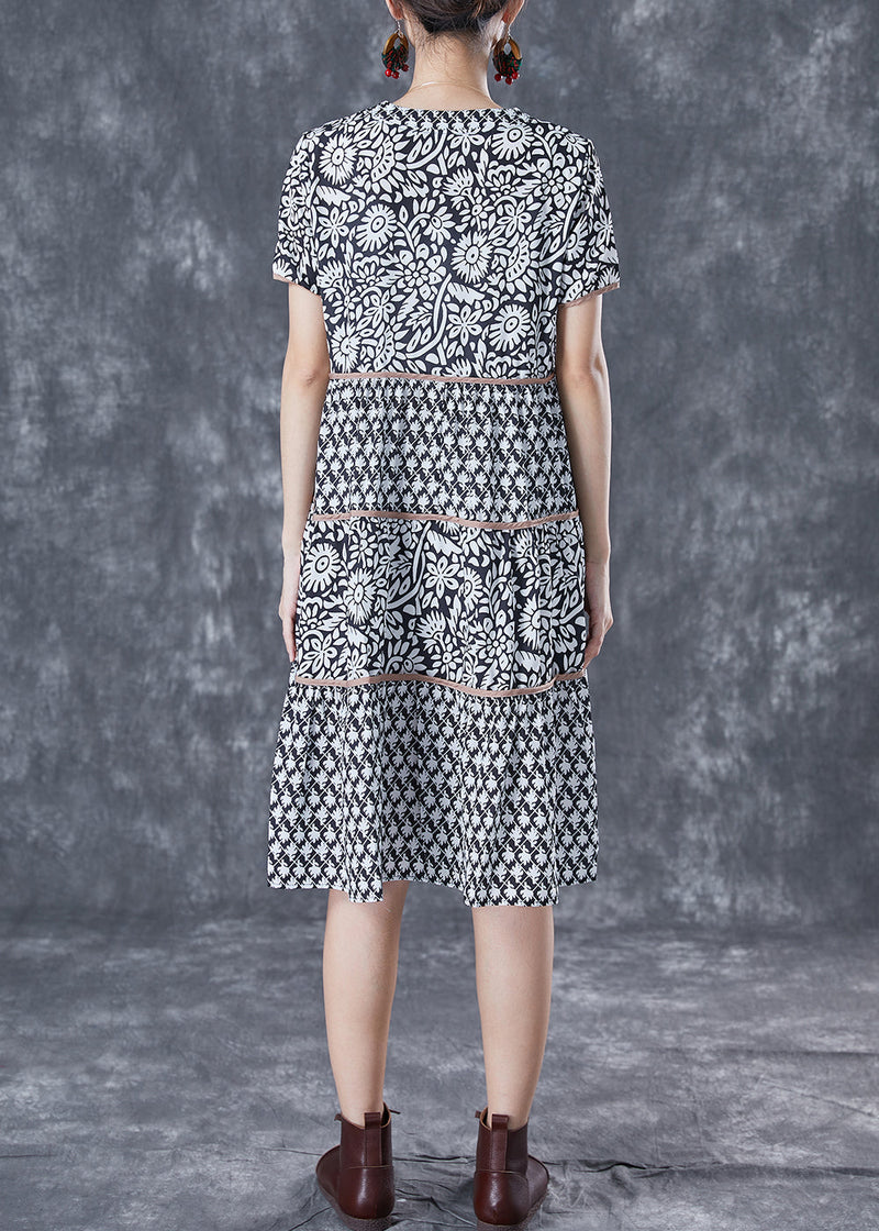 Modern Black V Neck Patchwork Print Cotton a Line Dress Summer