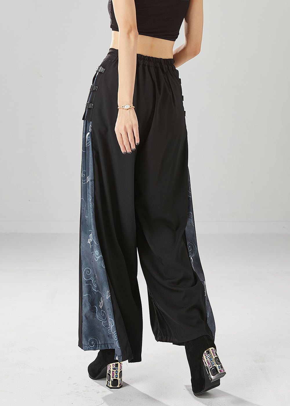 Black High Waist Patchwork Spandex Wide Leg Pants Fall