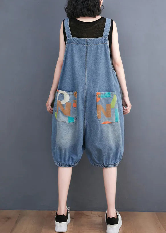 Light Blue Slash Neck Print Button Denim Jumpsuit Summer