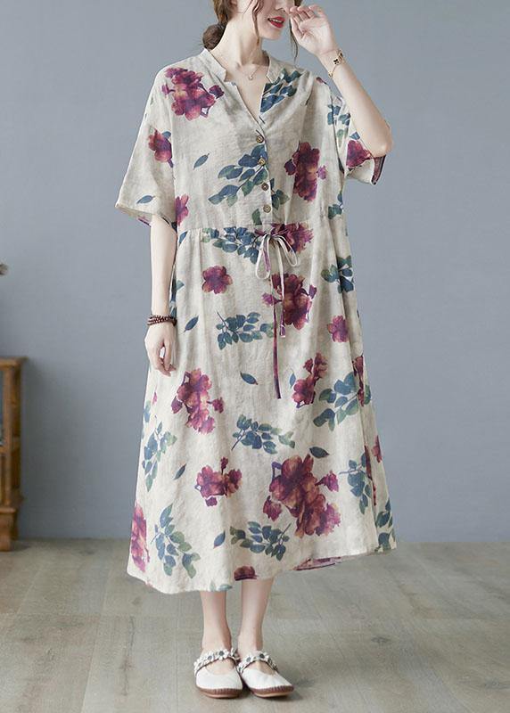 Modern Khaki V Neck Button Summer Tie Waist Party Dresses Half Sleeve