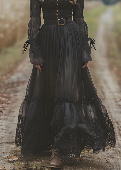 Black Lace Patchwork Wrinkled Cotton Maxi Dresses Spring