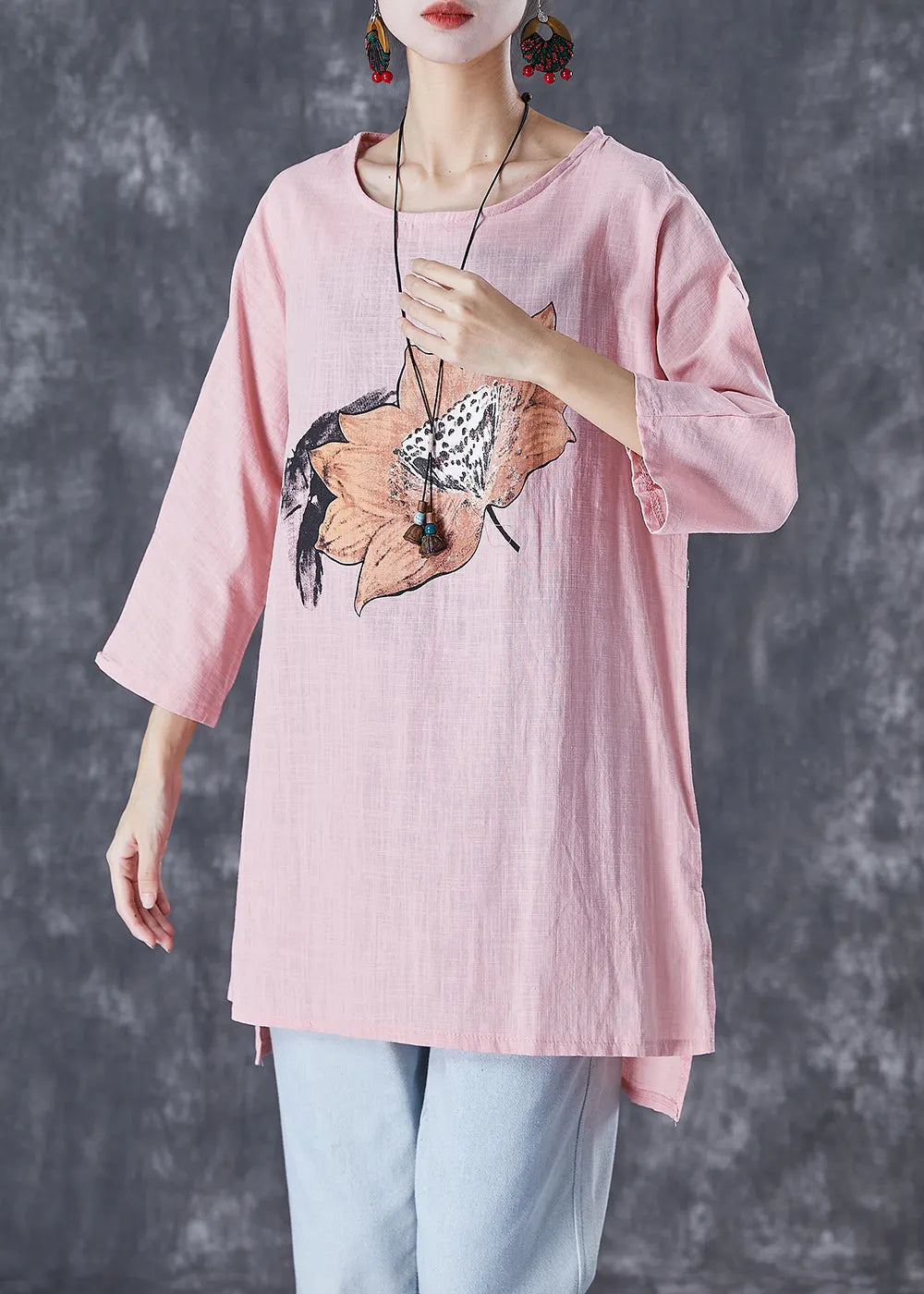 Pink Asymmetrical Print Linen Blouse Tops Fall