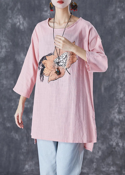 Pink Asymmetrical Print Linen Blouse Tops Fall