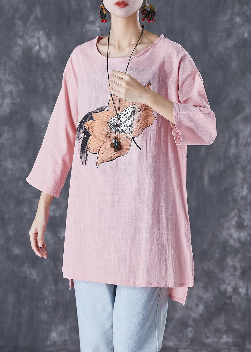 Pink Asymmetrical Print Linen Blouse Tops Fall