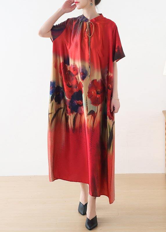 Fine Red Print Short Sleeve Holiday Summer Chiffon Dress