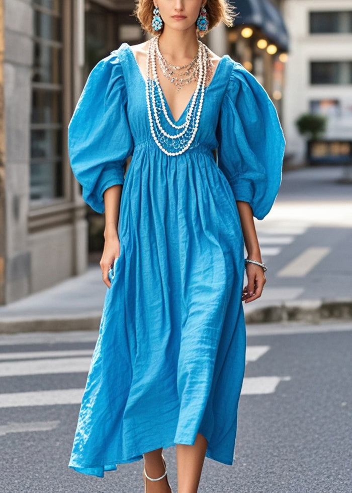 Blue Cotton Holiday Dress V Neck Puff Sleeve Summer