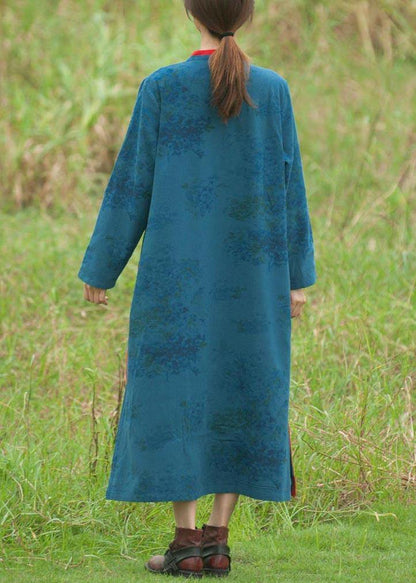 Stand Collar Spring Tunics Pattern Blue Embroidery Long Dresses